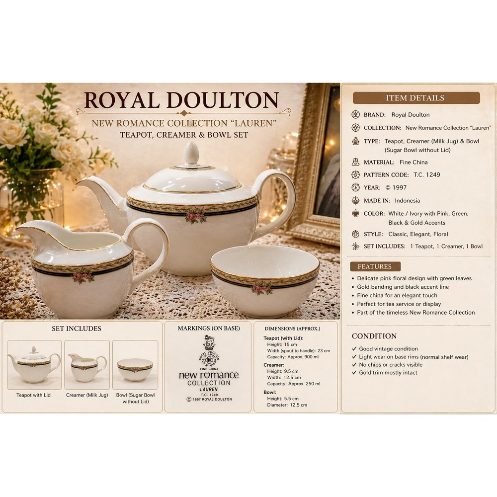Royal Doulton Lauren New‎ Romance Collection Teapot Creamer and Bowl Set TC 1249